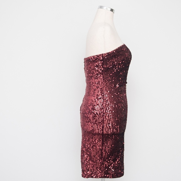 Betsy & Adam One Shoulder Burgundy Sequin Cocktail Dress - Picture 3 of 10